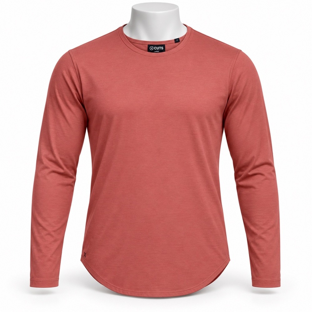 Cuts Long Sleeve T-Shirt Men Medium Rust Solid Minimalist Elongated Curved Hem